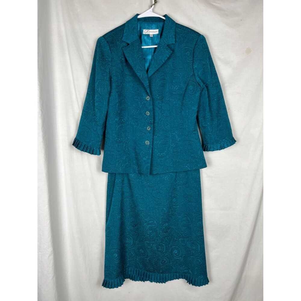 Teal Dressbarn Paisley Brocade 2 Piece Skirt Suit with Pleats and Long Sleeves
